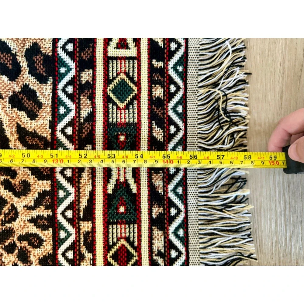 Leopard Print Woven Throw Blanket Tribal Border Fringe USA Made 59x47